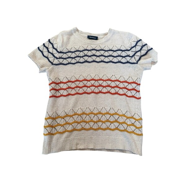 ModCloth Cream Pointelle Knit Short Sleeve Sweater Striped Boho Size S - Picture 2 of 6